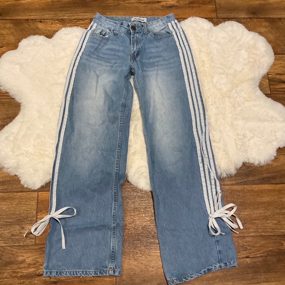 Telepatia Jeans Size 00 23 Light Wash White Stripe Down Sides Womens Wide Leg